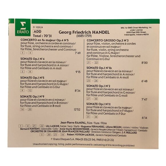 Handel Flute Sonatas & Concertos Classical Music CD 37684cd - Picture 2 of 2